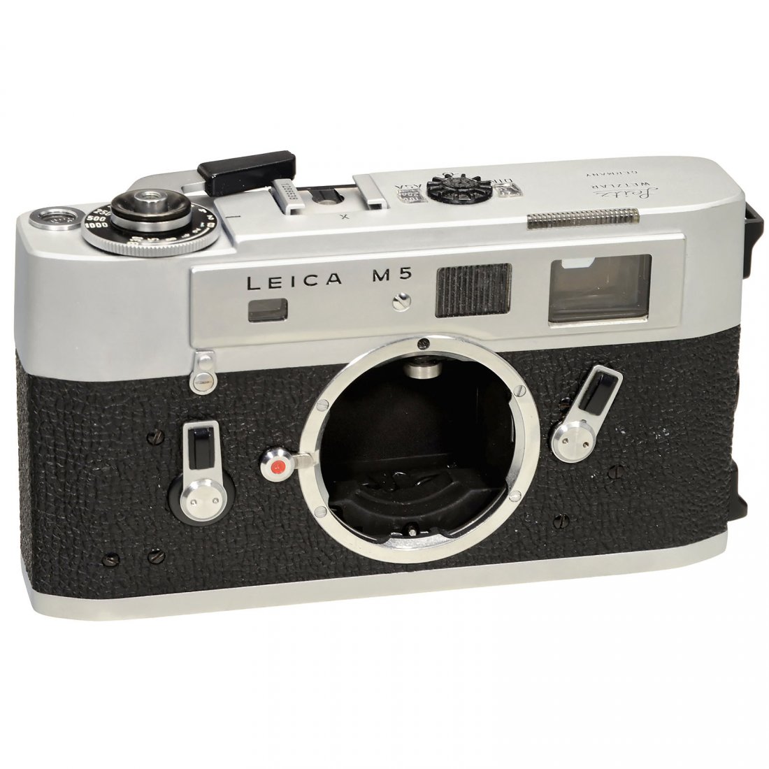 Leica M5, 1971: Leica M5, 1971 Leitz, Wetzlar. No. 1288538, silver-chrome, 2 strap lugs. Exposure control not visible in finder (needs adjustment), shutter needs servicing. With instructions and original box with mat