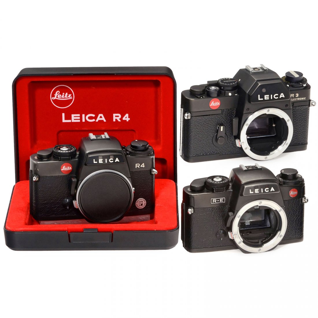 Leica R4, RE and R3 Electronic: Leica R4, RE and R3 Electronic Leitz, Wetzlar/Portugal. 1) Leica R4, 1981, no. 1553925. (3-/–) – 2) Leica RE, 1991, no. 1789309. (3/–) – And: 3) Leica R3 Electronic, 1978, no. 1487019. (2/–)