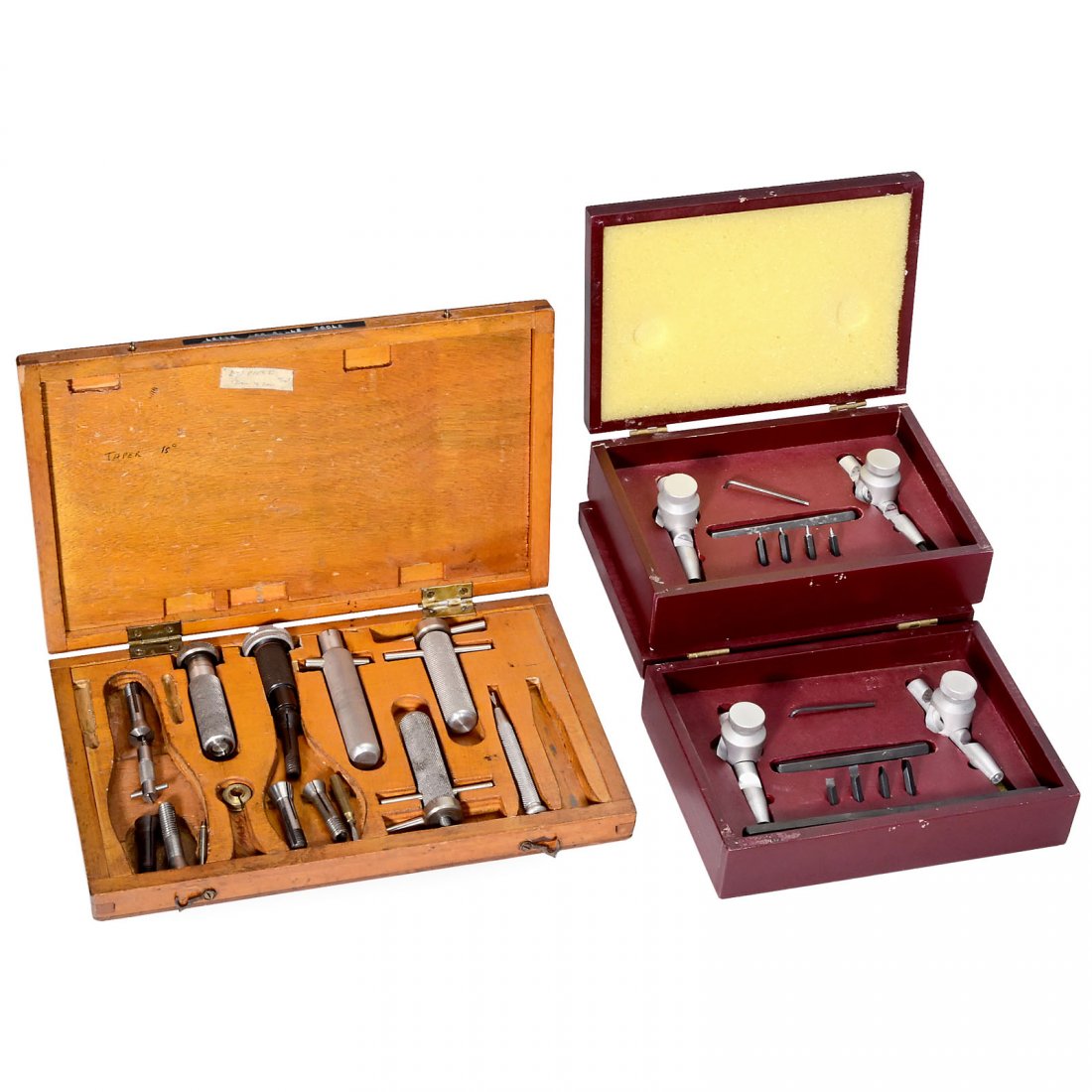Camera Tools: Camera Tools 1) Wooden box, marked "Apparate-Kamerabau Friedrichshafen" with special tools. – 2–3) 2 wooden cases with precision adjustable spanners for lens repair. Kamera-Werkzeug 1) Holzkoffer 