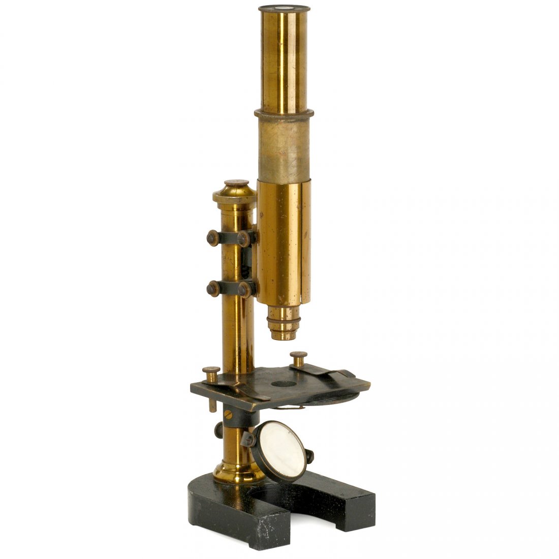 Small Leitz Microscope, c. 1884: Small Leitz Microscope, c. 1884 Leitz, Wetzlar. No. 6167, brass with black base, 1 lens and 1 ocular, coarse and fine adjustment, pinhole rotating stop under the stage, height 10 1/5 in., with wooden 