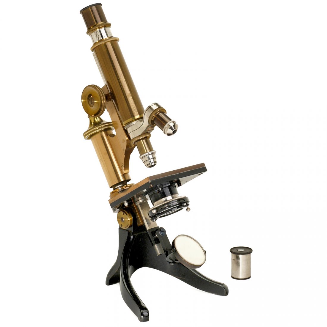 Leitz Microscope, c. 1903: Leitz Microscope, c. 1903 Leitz, Wetzlar. No. 71333, brass with black tripod, original lacquer, 2 lenses and 2 oculars, turreted mount, rack-and-pinion focusing, tiltable tripod, height 13 in., with w