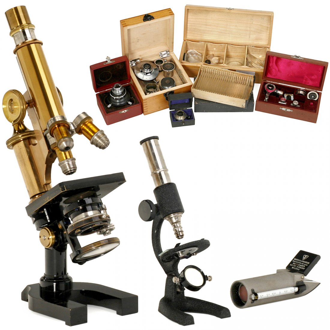 Leitz Microscope and Accessories: Leitz Microscope and Accessories 1) Leitz, Wetzlar. Microscope, no. 76590, c. 1905, brass with black-painted foot, 3 lenses, without ocular, wooden box. – 2) Student's microscope with wooden box. ��