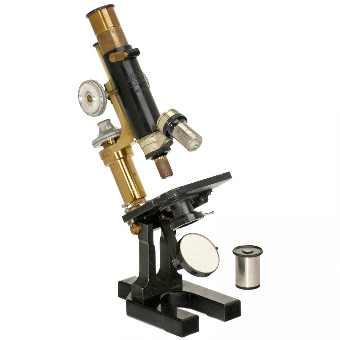 Travel Microscope by Zeiss, c. 1910: Travel Microscope by Zeiss, c. 1910 Zeiss, Jena. No. 64784, brass, black foot, 2 lenses (with original iron container) and 2 oculars, rack-and-pinion focusing, tilting tripod, condenser under the tabl