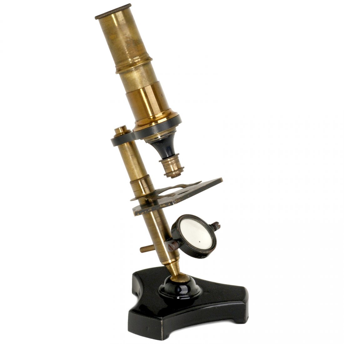 Small French Microscope "Maison de Chevallier", c. 1880: Small French Microscope "Maison de Chevallier", c. 1880 Original lacquered and blackened brass, iron base, draw tube for focusing, ball-joint tilting arm, height 7 in., in matching mahogany case, labe
