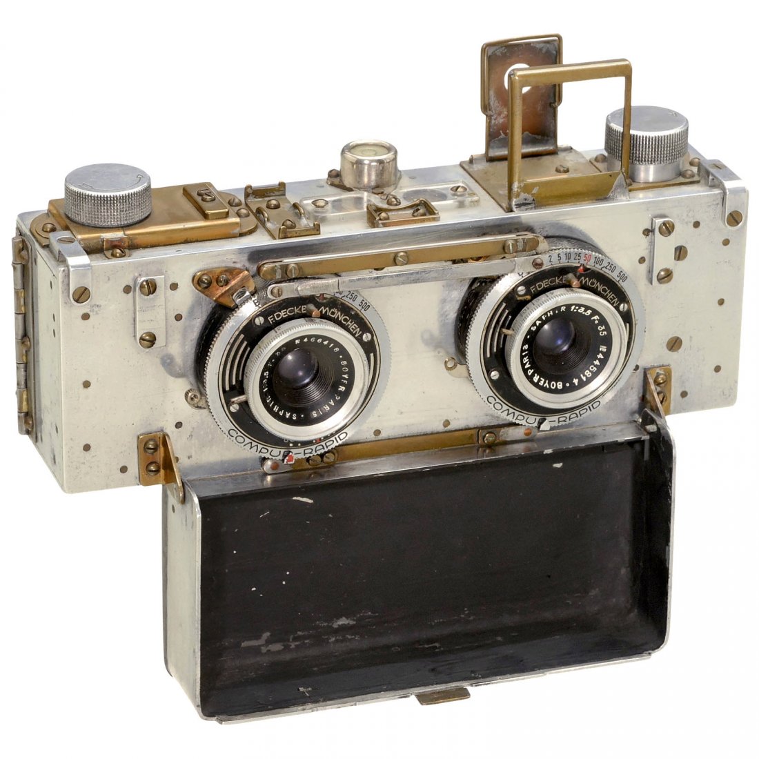 35mm Stereo Camera (Handmade): 35mm Stereo Camera (Handmade) Stereo camera for 35 mm film with image size of 24 x 27 mm, lenses: Boyer Saphir 3,5/35 mm, mechanically coupled shutters Compur-Rapid only for speeds 1 to 1/50 sec. (slu