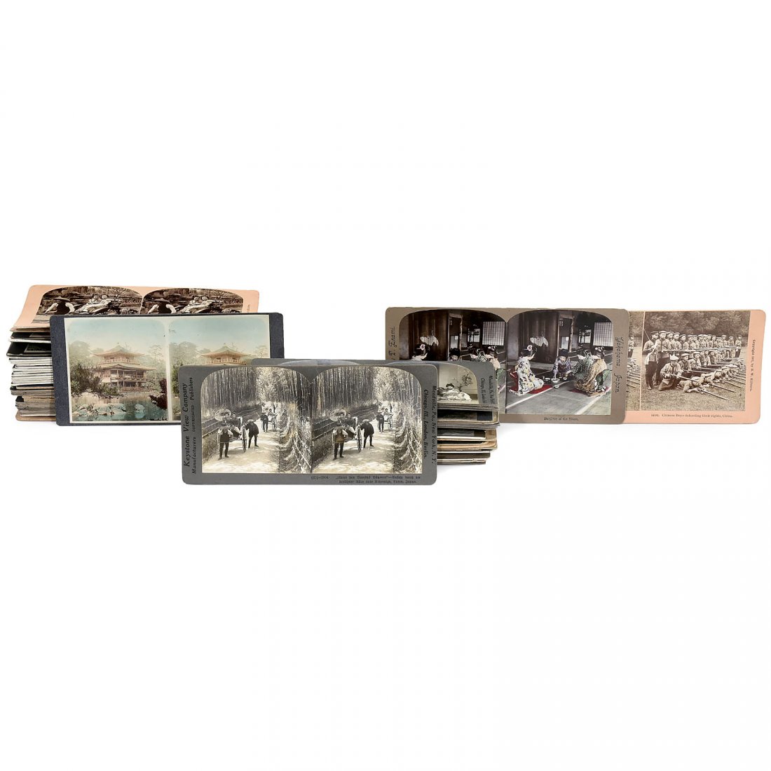 Approx. 62 Stereo Cards (9 x 18 cm) "Japan", c.: Approx. 62 Stereo Cards (9 x 18 cm) "Japan", c. 1900–1920 Motifs: People, downtown, landscape, various publishers, but many cards unmarked, partly colored. Ca. 62 Stereokarten 9 x 18 cm "Japan", um 