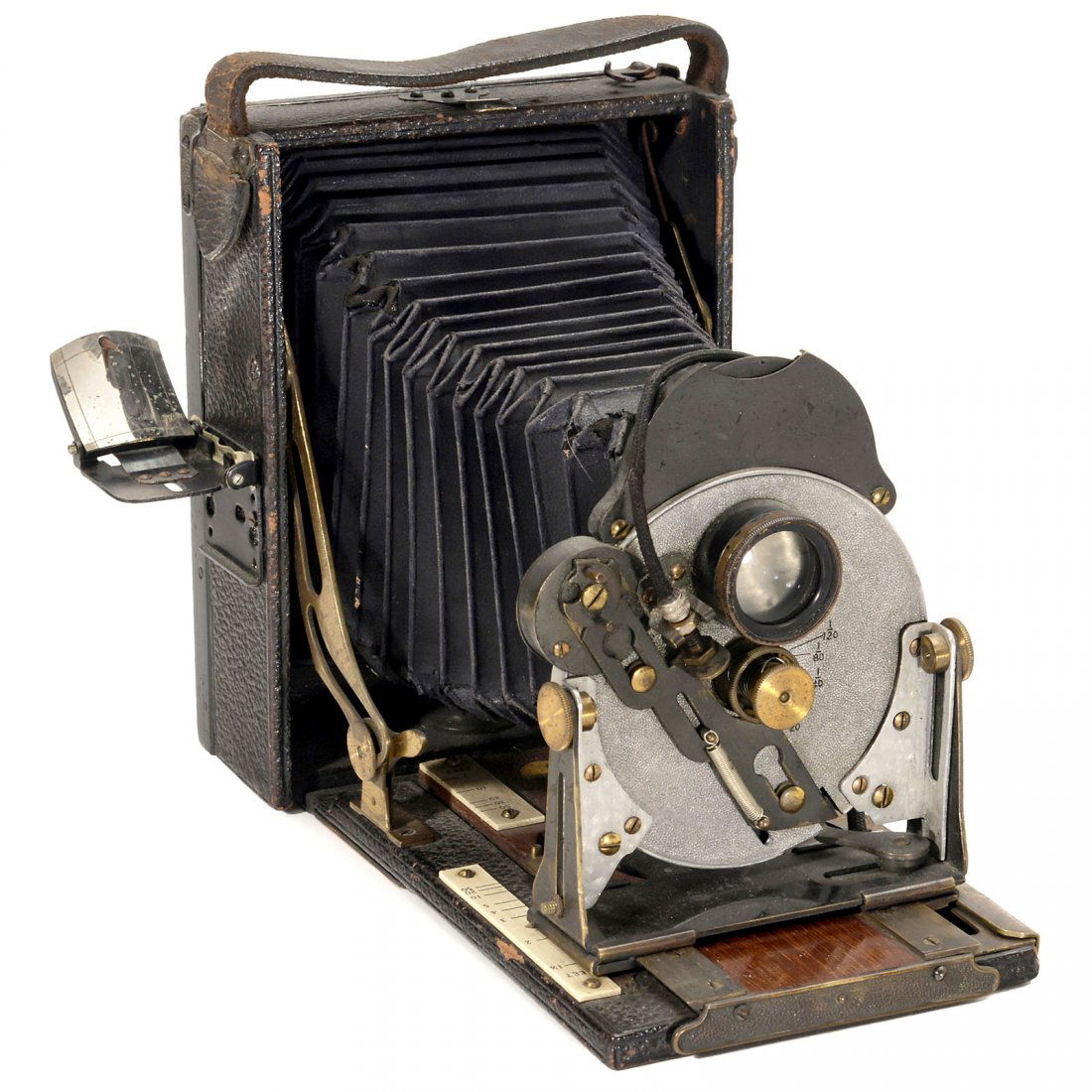 Folding Frena by Beck, London, c. 1901: Folding Frena by Beck, London, c. 1901 R. & J. Beck, London. Extremely rare and unusual folding camera with decorative design: shutter, flat bed, brass fittings. Plate size 3 1/6 x 4 1/3 in., lens:
