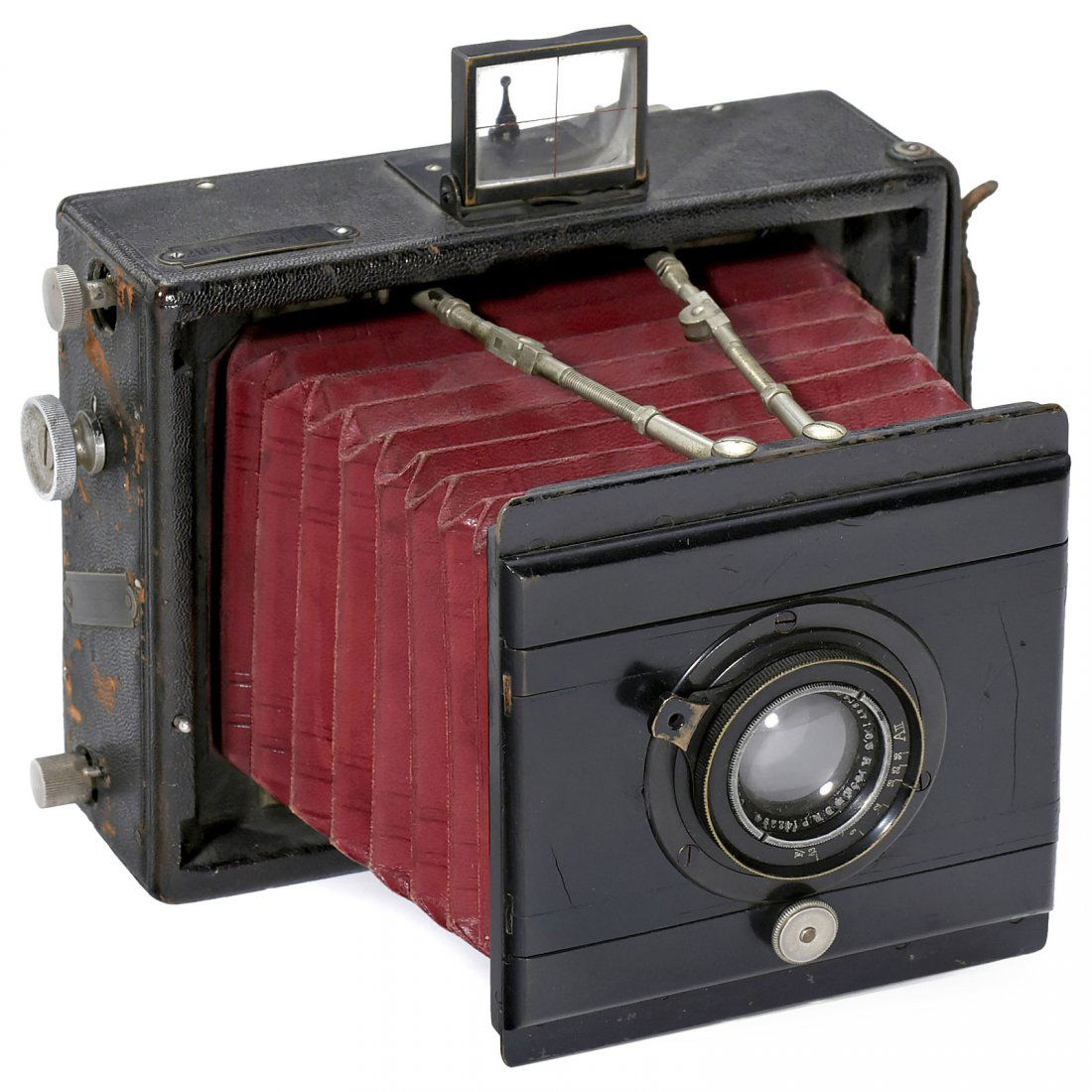Carl Zeiss "Minimum-Palmos", c. 1902: Carl Zeiss "Minimum-Palmos", c. 1902 Carl Zeiss, Jena. Size 9 x 12 cm, strut folding camera, dark-red bellows, focal plane shutter (stuck). Tessar 6,3/135 mm, focusing screen back. – Very early "Min