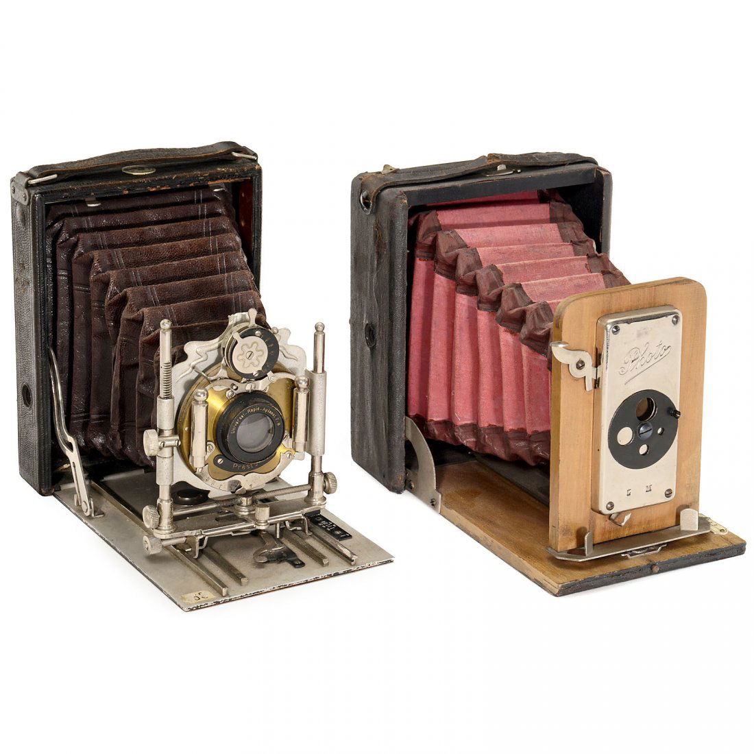 Minimal by Wünsche, c. 1900: Minimal by Wünsche, c. 1900 1) Emil Wünsche, Reick b/Dresden. Minimal 9 x 12 cm, aluminum baseboard, dark-red bellows, Universal-Rapid-Aplanat F:8 in Presto shutter. (3/3+) – And: 2) Flat-bed came