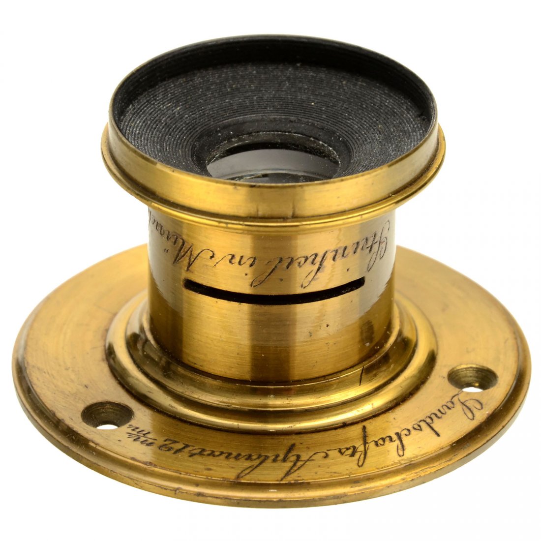 Steinheil Landschafts-Aplanat 12 mm, 1886: Steinheil Landschafts-Aplanat 12 mm, 1886 Steinheil, Munich. No. 16092, focal length approx. 120 mm, for waterhouse stop, with connecting ring Ø 2 in., lens diameter Ø ¾ in., height 1 2/5 in. – C