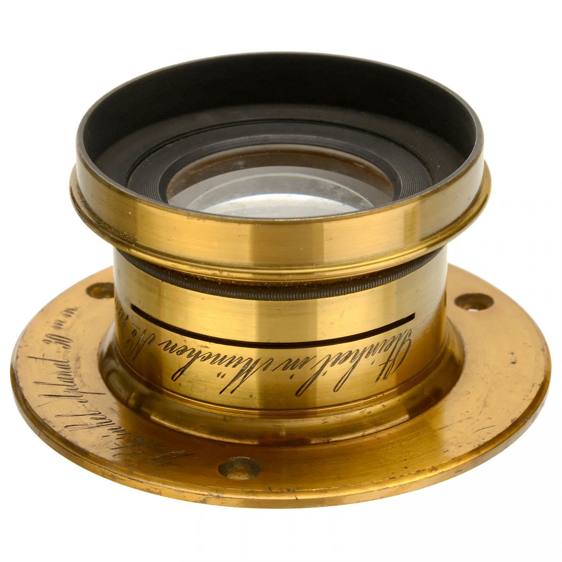 Steinheil Weitwinkel-Aplanat 30 mm, c. 1886: Steinheil Weitwinkel-Aplanat 30 mm, c. 1886 Steinheil, Munich. No. 16719, focal length approx. 400 mm, for waterhouse stop, with connecting ring Ø 3 1/6 in., lens diameter 2 in., height of the lens 1