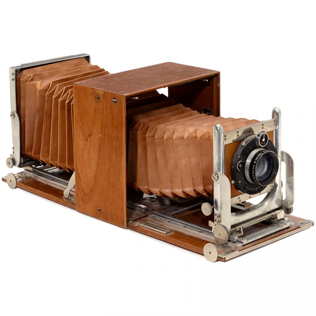Tropical View-Camera by Stegemann, c. 1930: Tropical View-Camera by Stegemann, c. 1930 A. Stegemann, Berlin. Early version, plate size 9 x 12 cm, tropical wood with nickel trim, brown bellows, with front and rear bed extension, Satz Plasmat 4,5