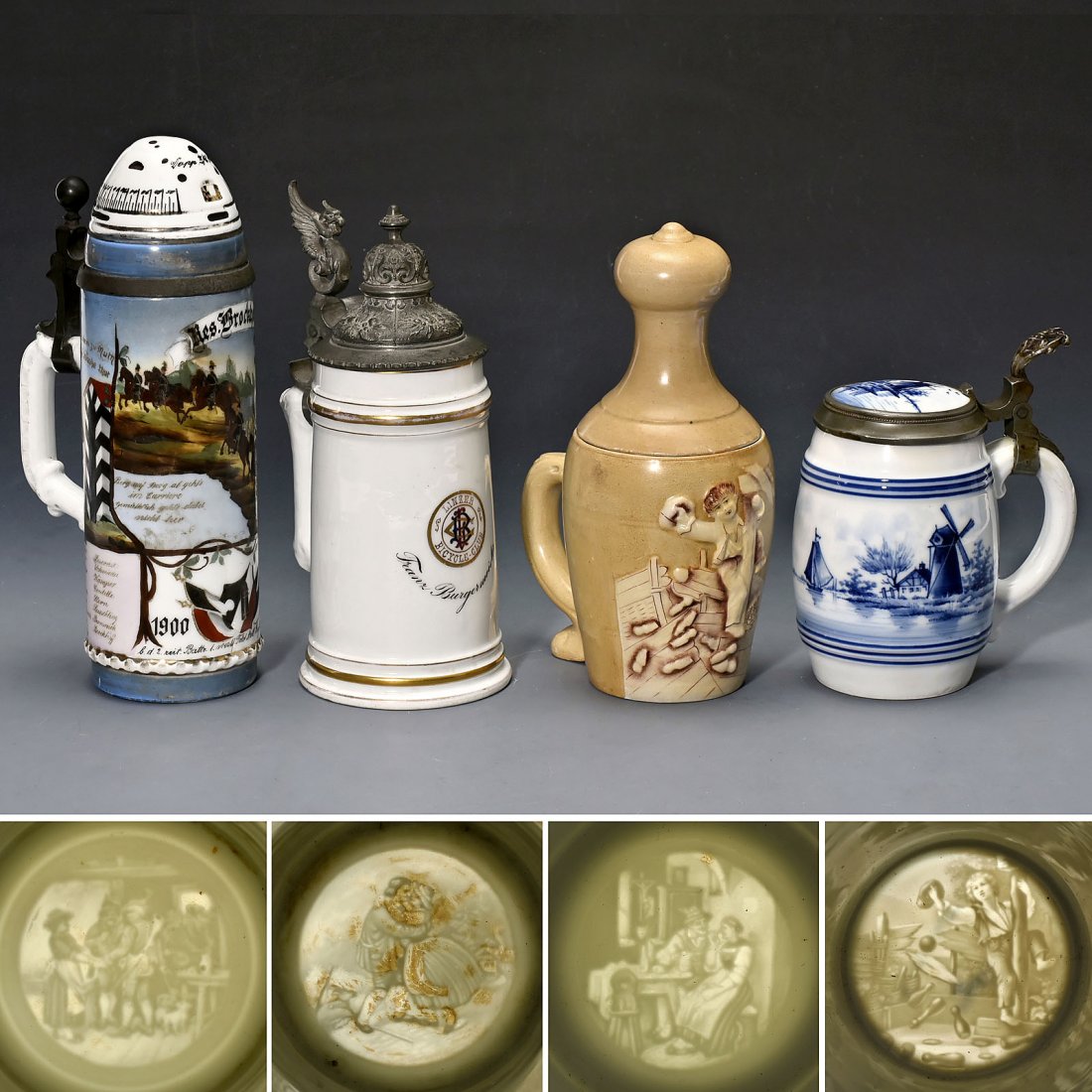 4 Beer Mugs with Lithophanes, c. 1900: 4 Beer Mugs with Lithophanes, c. 1900 1) Regimental stein, "Reservist Brockhoff, 1. westf. Feld Art. Regt. No. 7 in Düsseldorf". – 2) Cyclist "Linzer Bicycle-Club Franz Burgermeister". – 3) Figur