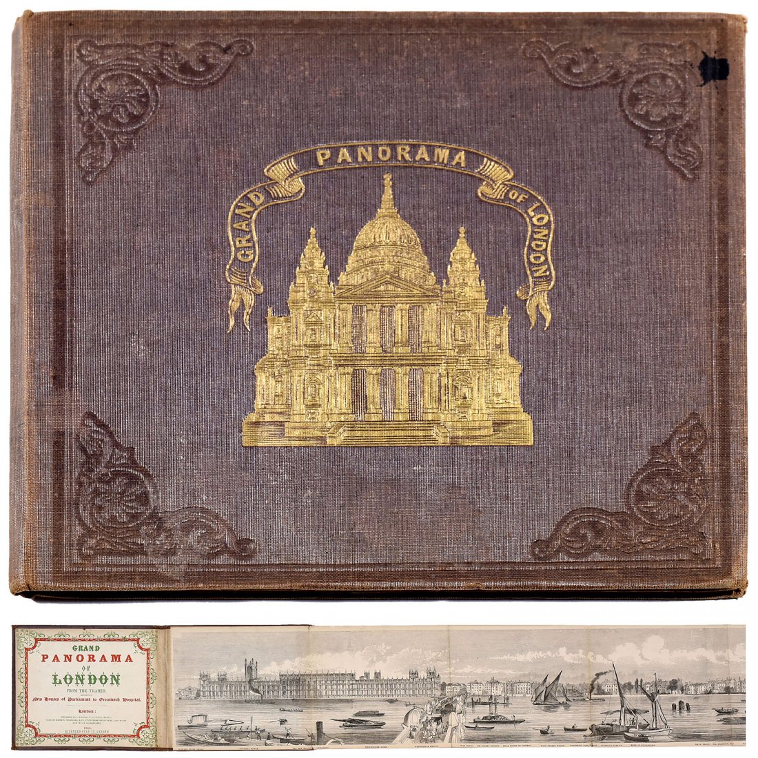 Grand Panorama of London, 1849: Grand Panorama of London, 1849 From the Thames. Length: 219 in.! In brown cloth binding with gold embossing. Publisher I. Whitelay, 188 Fleet Street, marketed by Simpkin, Marshall & Co. Stationers' ��