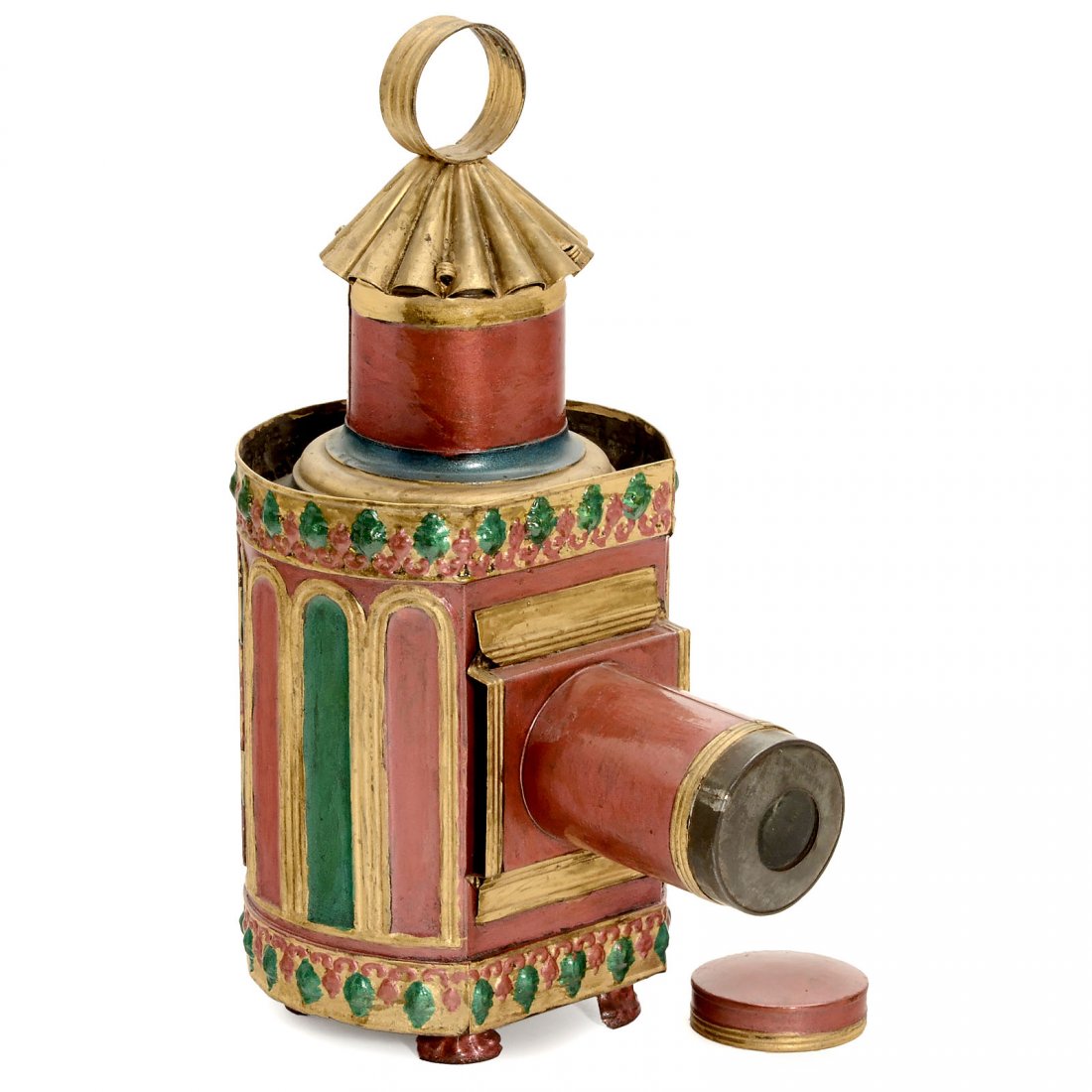 "Lanterne Riche" Magic Lantern by Lapierre, c. 1880: Lanterne Riche Magic Lantern by Lapierre, c. 1880 Pressed metal body with polychrome decoration, lens, condenser and spirit illuminant with reflector, height 13 in., good condition. A charming and dec