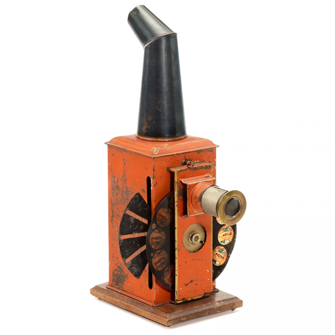 Ernst Plank "Kinematador" Nr. 788, c. 1896: Ernst Plank "Kinematador" Nr. 788, c. 1896 Ernst Plank, Nuremberg. Rare and attractive magic lantern projector, for 1 ½ in. (4 cm) glass slides and hand-cranked 6 in. (15 cm) rotating disc for movin