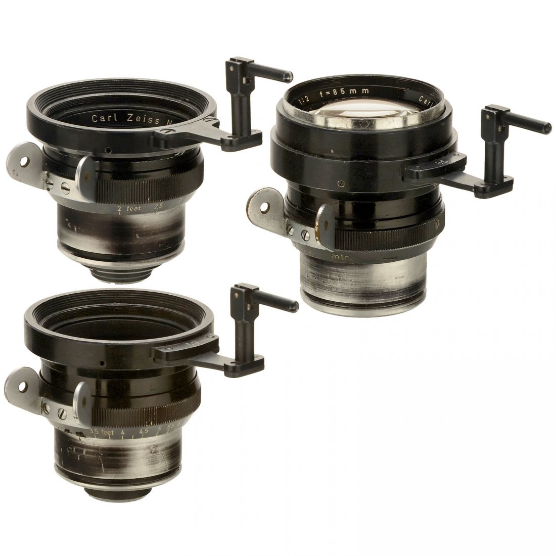 3 Movie Lenses for Arriflex 35 mm, c. 1965: 3 Movie Lenses for Arriflex 35 mm, c. 1965 Carl Zeiss. 1) Sonnar 1:2/85 mm (cement defective). – 2) Sonnar 1:1,5/50 mm, lens elements working well. – And: 3) Planar 1:2/32 mm, coating with scatche