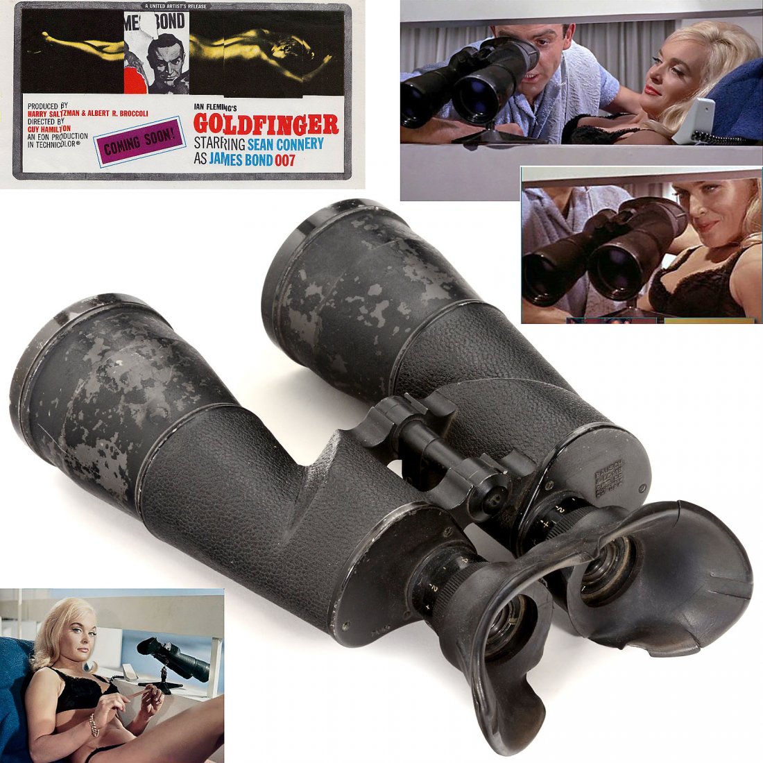Bausch & Lomb 7 x 50 "Goldfinger" Binoculars, 1963: Bausch & Lomb 7 x 50 "Goldfinger" Binoculars, 1963 With black vulcanite-covered body and brass tripod mount, length 12 ½ in. (29 cm). Provenance: Family of the late Michael White, Art Director on "G