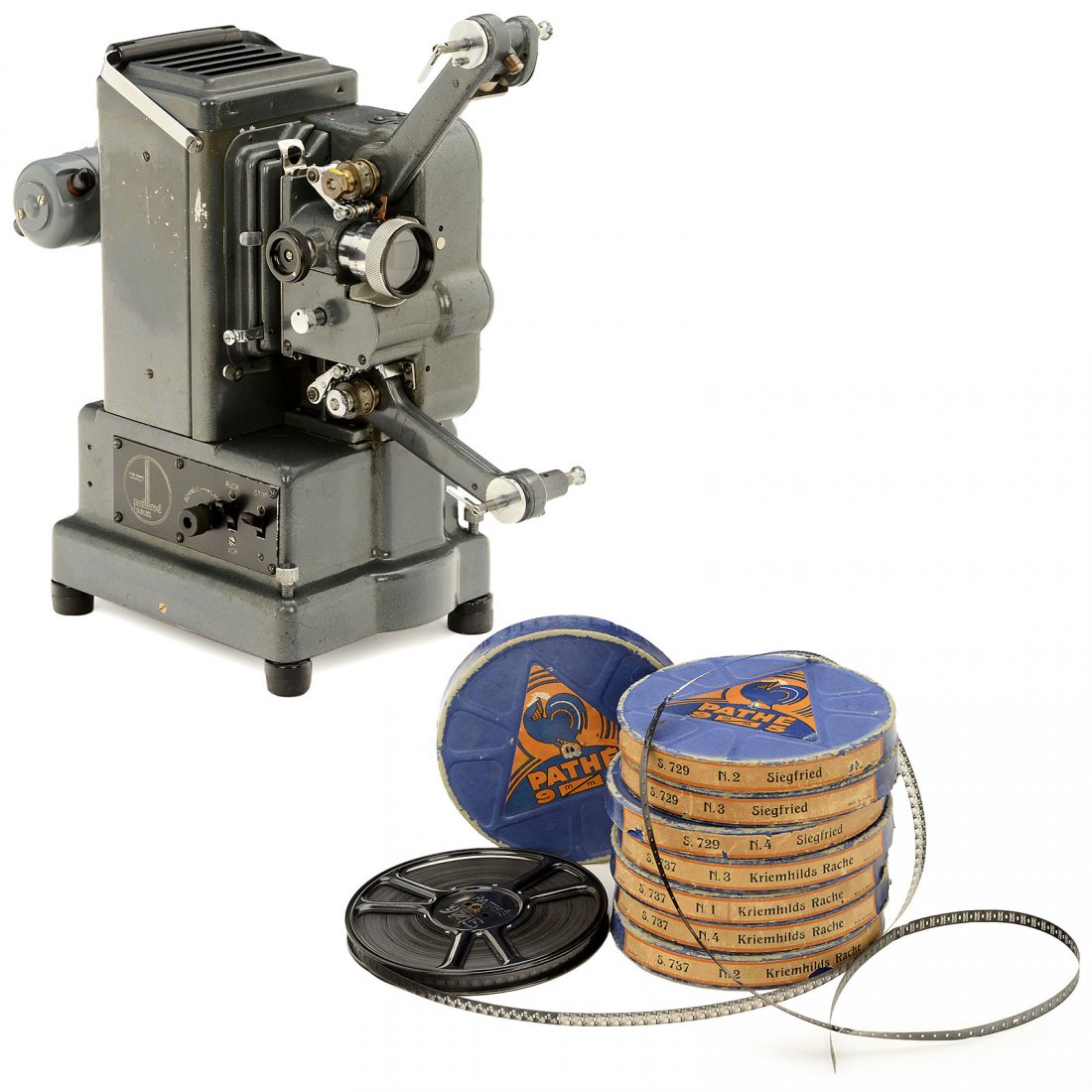 "Bolex 9,5" Movie Projector, c. 1970: Bolex 9,5 Movie Projector, c. 1970 Paillard, Switzerland. For 9,5mm film on 120m spools, lens: Som Cinor Paris 1,5/50 mm, electric functions not tested. – In addition: Spare bulb, film spool, splice