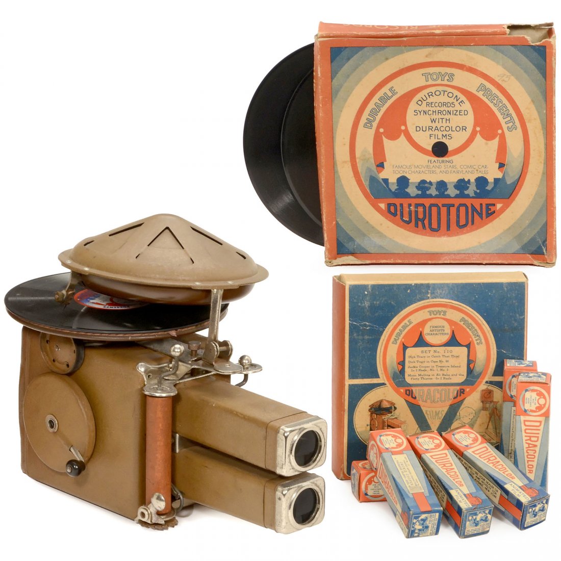 Rare "Duratone" Audio and Visual Toy Projector, 1930s: Rare "Duratone" Audio and Visual Toy Projector, 1930s Uncle Sam's Movie Projector with "Duratone Sound System, New York City". With records and 6 Duracolor animated films including set no. 110 ("Dick