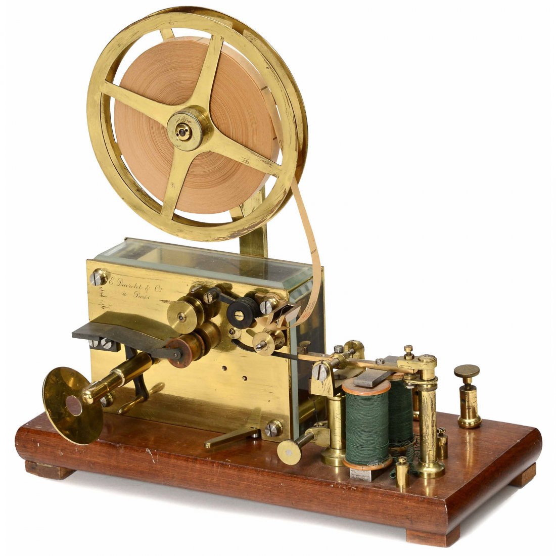 French Ink-Writer Telegraph by Ducretet, c. 1900: French Ink-Writer Telegraph by Ducretet, c. 1900 Signed: "E. Ducretet & Co. à Paris", polished brass, 3 glazed sides, mahogany base, size only 11 ½ x 5 x 11 ¾ in., with key. – Rare! Französische