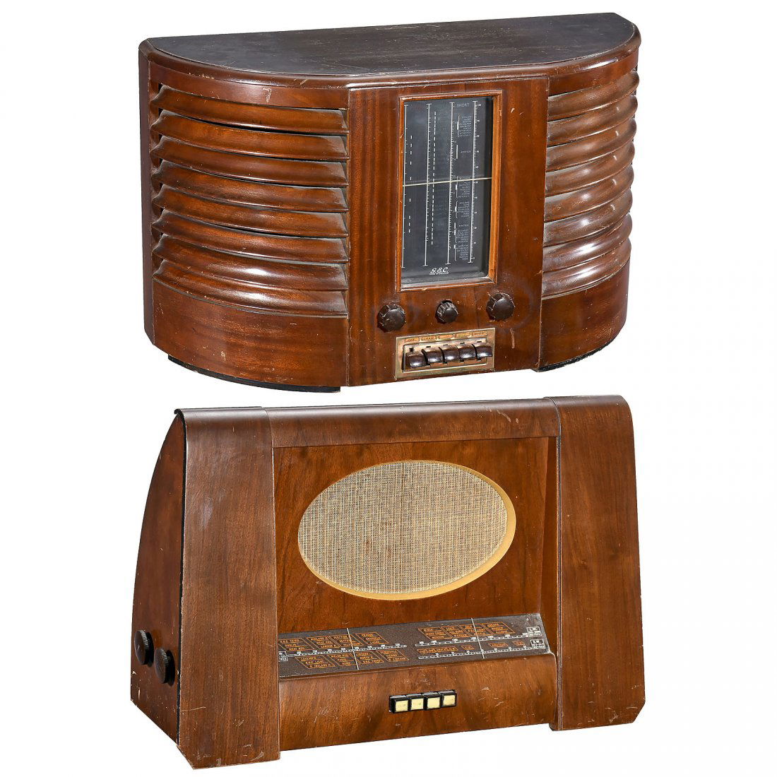 2 Stylish English Radio Receivers, c. 1950: 2 Stylish English Radio Receivers, c. 1950 1) General Electric Co., type B.C. 4750. – And: 2) His Master's Voice, type 1123. – Complete with tubes, back covers and mains wires. 2 englische Röhren