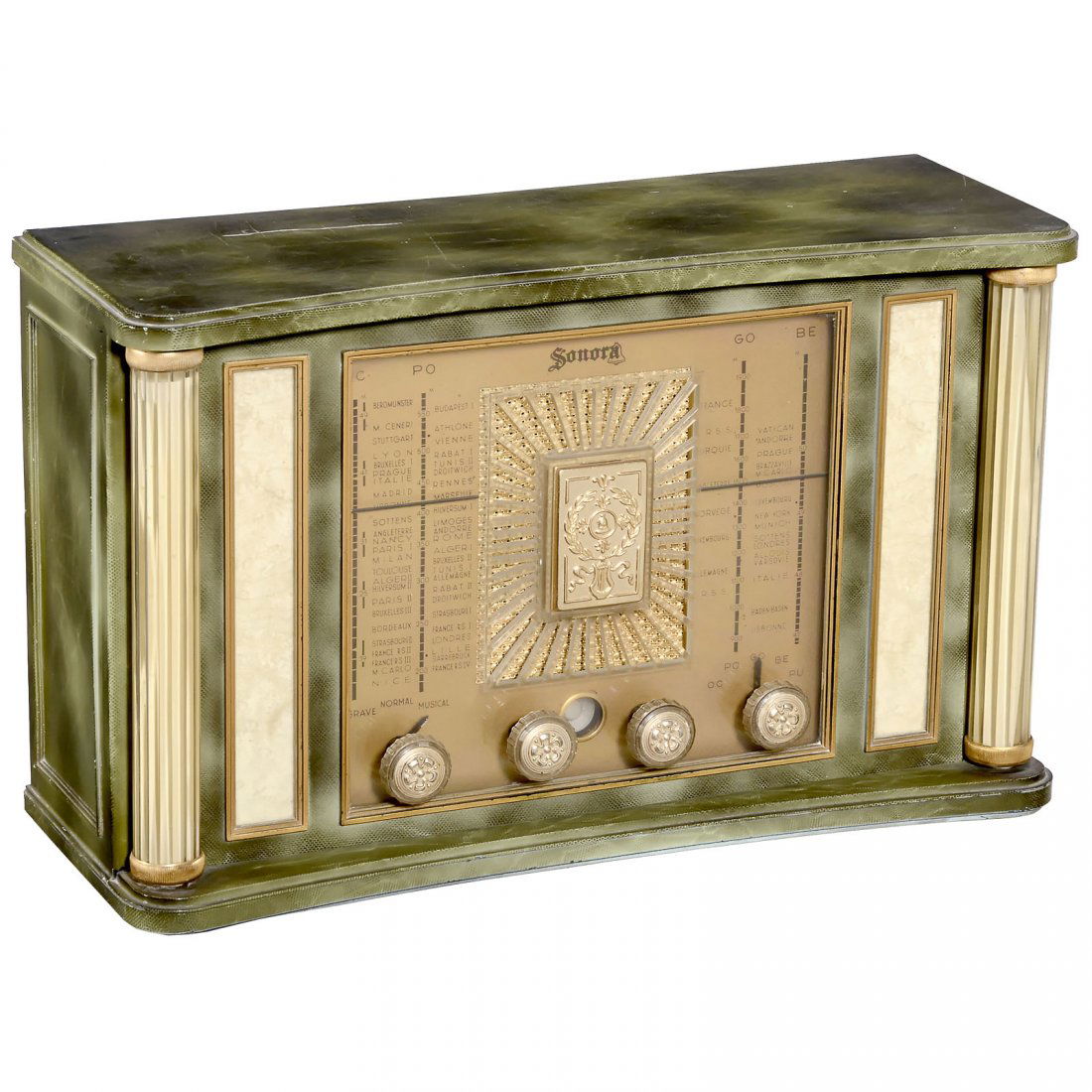 Sonora "Excellence 203" Radio Receiver, 1955: Sonora "Excellence 203" Radio Receiver, 1955 Manufacturer: Sonora SA, Radiociné, Puteaux/Paris. 6 valves, 3 wave ranges, wooden case with green plastic front, 18 x 11 1/5 x 7 in. Radio Sonora Modell