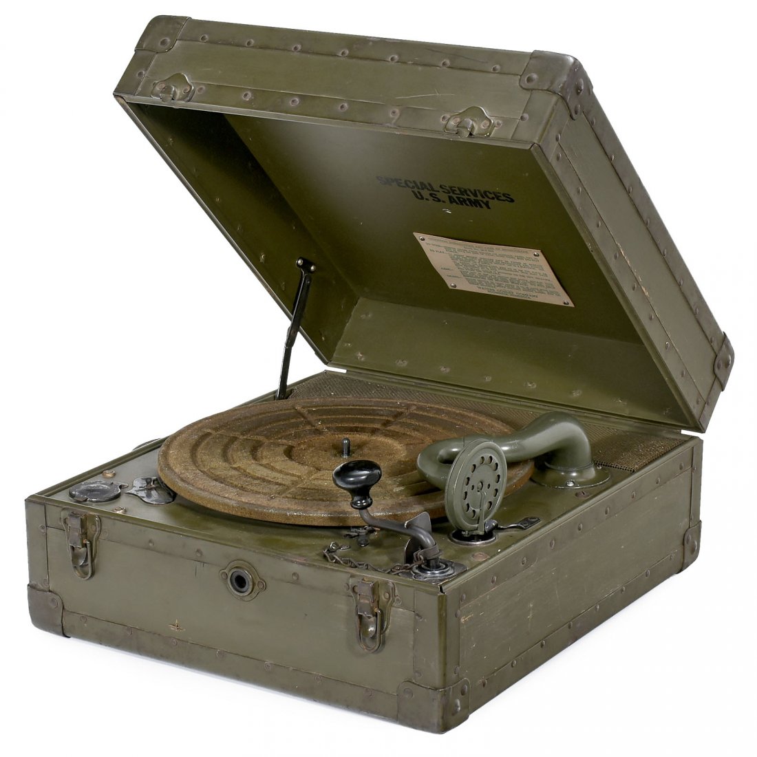 WWII U.S. Army Phonograph, c. 1942: WWII U.S. Army Phonograph, c. 1942 By Waters Conley Company, Rochester; Idelophone Elektra soundbox, complete, working. Amerikanischer Militär-Phonograph, um 1942 Hersteller: Waters Conley Company, R