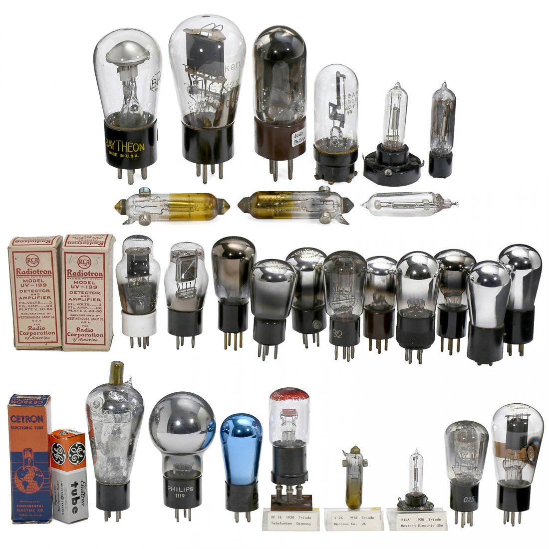 Interesting Group of Electron Tubes, 1916 onwards: Interesting Group of Electron Tubes, 1916 onwards Western Electric triode 215A; Marconi triode V24; Telefunken triode RE16; Philips 1119; Radiologie Paris PA68; Crosley 071A; Cetron CE-30-C photo cell