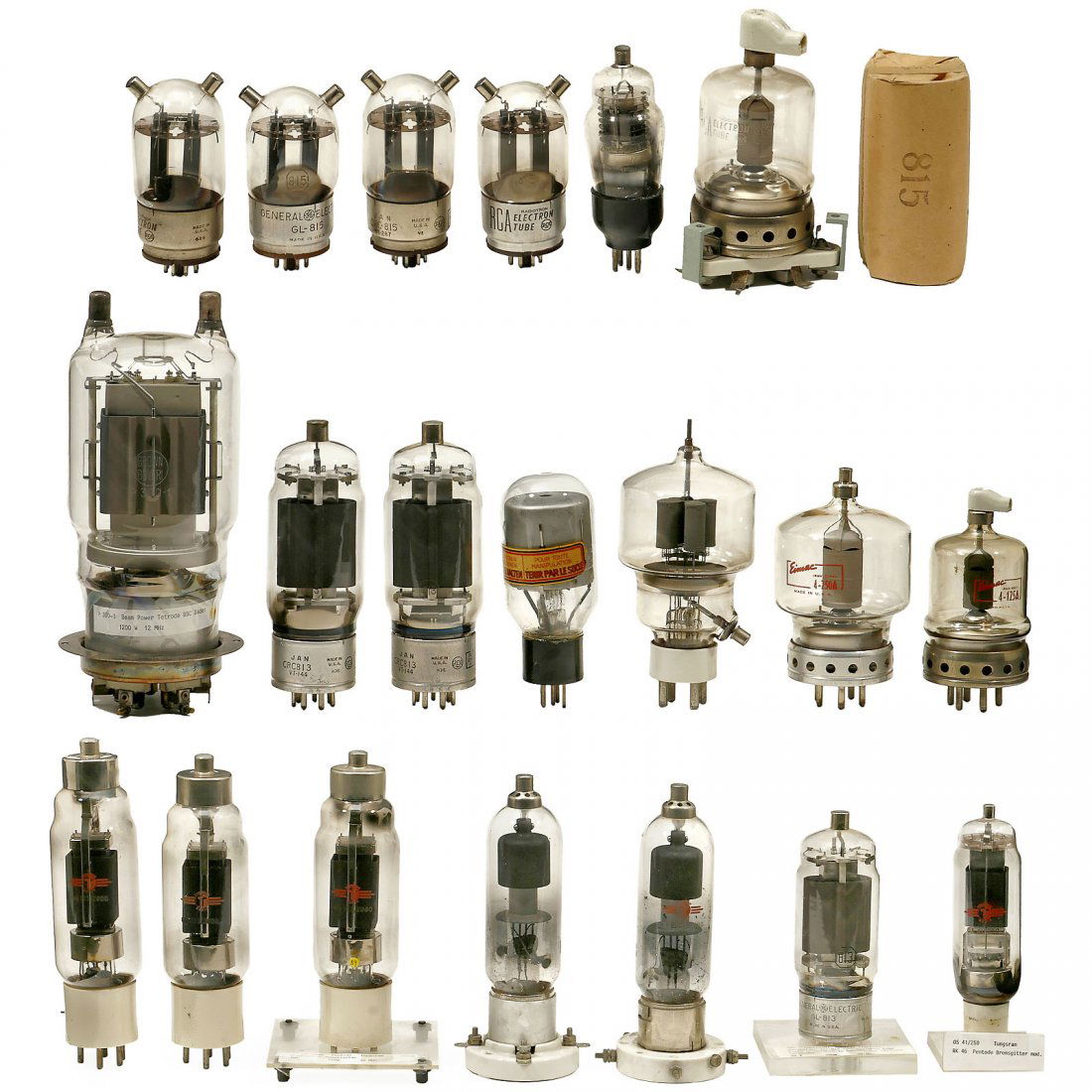 Group of Interesting Electron Tubes: Group of Interesting Electron Tubes Brown Boveri P300-1 transmitter pentode; Tungsram pentode OS 125/2000; Admiralty Pattern 4803 NGTI; 2 x U.S. Army RCA CRC 813; 5 x RCA 815; Eimac 4-250A, Tungsram O