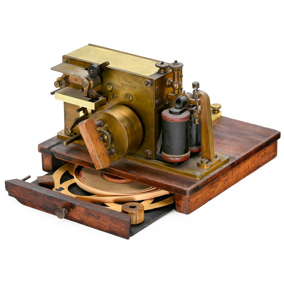 Prussian Telegraph Receiver, c. 1875: Prussian Telegraph Receiver, c. 1875 Ink writer, signed "W. Gurtl, Berlin", no. 1601, spring-driven motor, on ground plate with drawer and paper strip, working. Farbschreiber der preußischen Telegrap