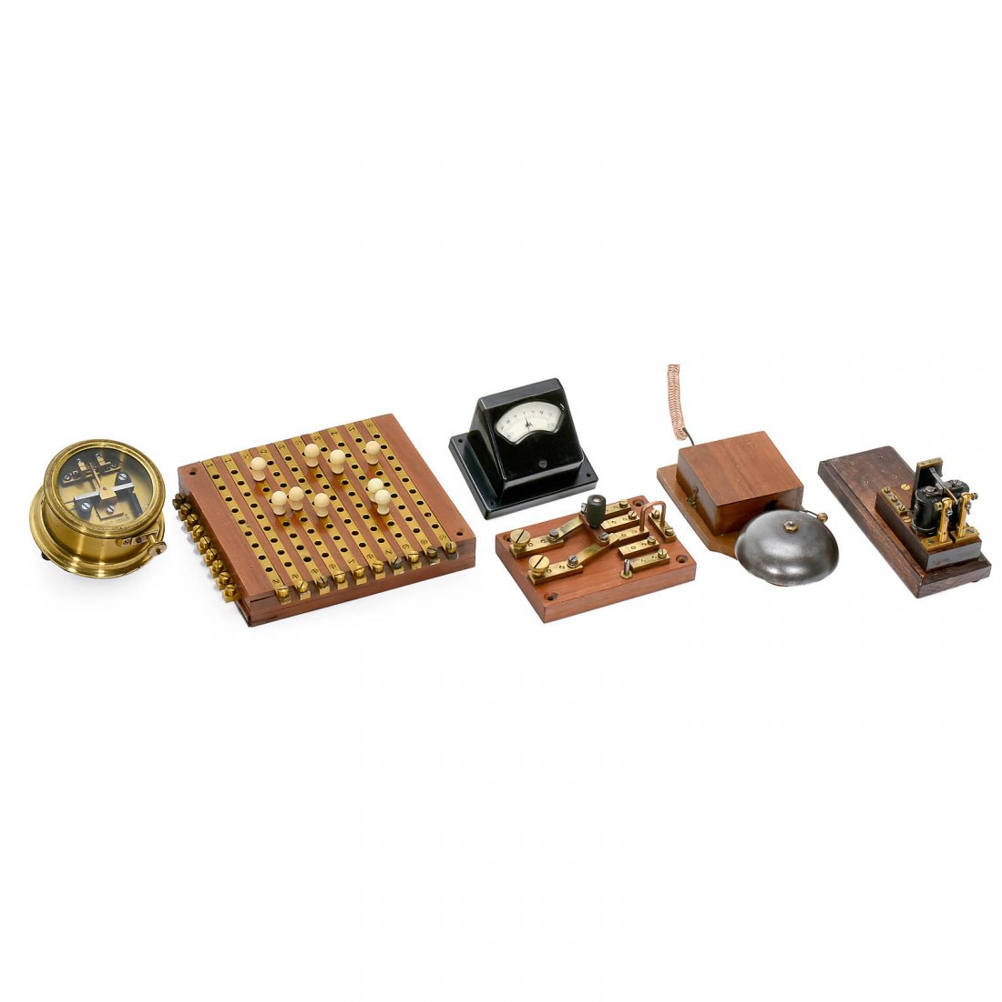 Telegraph Station Equipment, c. 1900: Telegraph Station Equipment, c. 1900 1) Plug-in cross table, with 9 and 10 bars, 10 plugs, brass and mahogany, 7 x 8 in. – 2) Double-pole switch. – 3) W. Gurtl box relay, no. 1189. – 4) Polarize