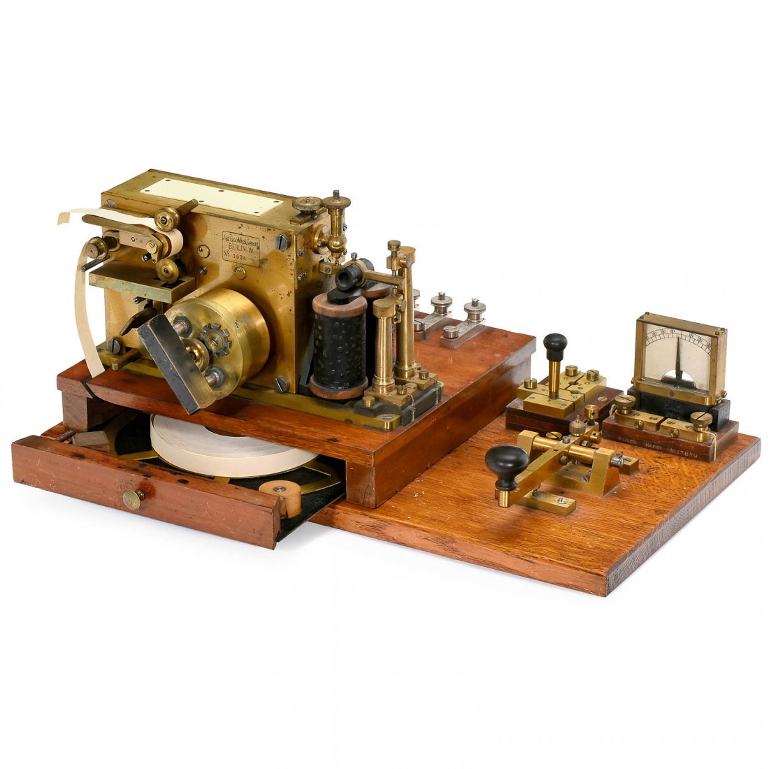 Telegraph System by The Prussian Administration, c.: Telegraph System by The Prussian Administration, c. 1880 Consisting of: Ink writer telegraph by Akt. Ges. Mixt & Genest, Berlin, no. 1934; W. Gurtl galvanometer, Morse key, plug-in bridge, on board wi