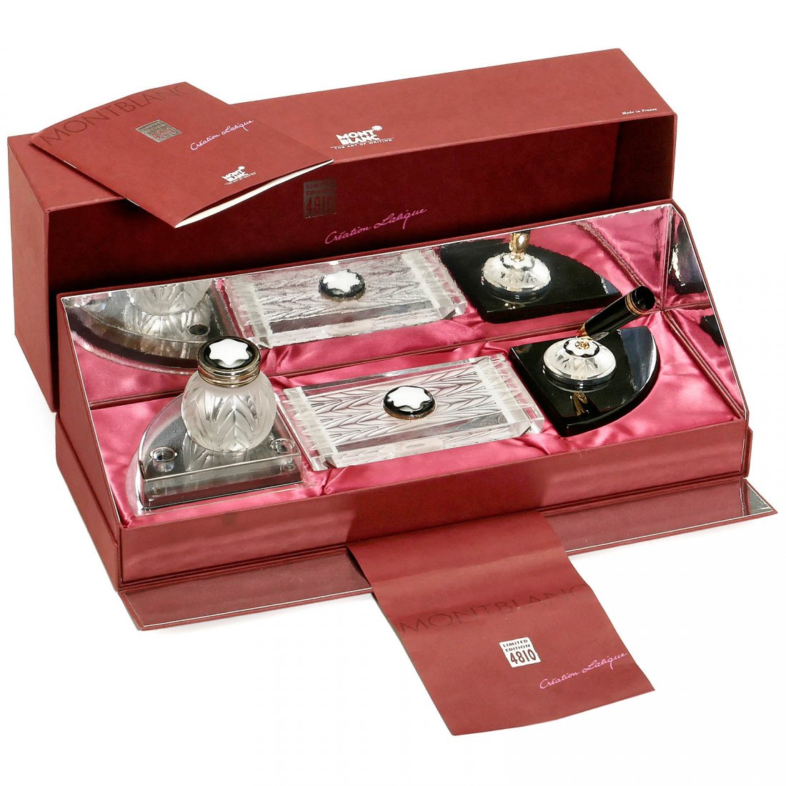 Montblanc "Creation Lalique" Desk Set, 1991: Montblanc "Creation Lalique" Desk Set, 1991 Limited edition no. 2131/4810, enameled Montblanc stars, crystal glass, sterling silver fittings. With pen stand, inkwell and rocker blotter, as new in sale