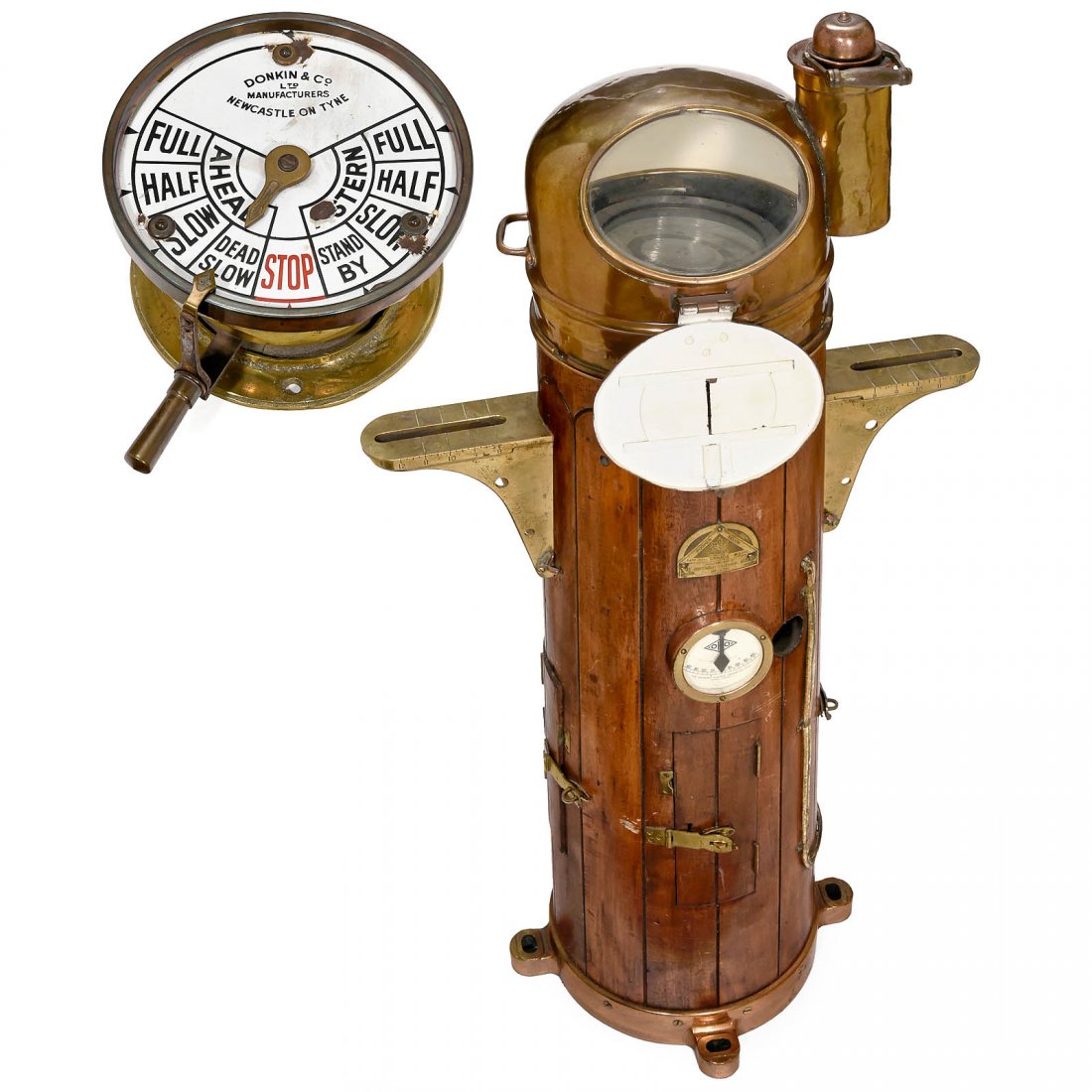 Marine Compass and Engine Telegraph, c. 1890: Marine Compass and Engine Telegraph, c. 1890 1) "The Ontario Hughes Owens Ltd., Canada", ship's binnacle, mahogany and brass, built-in German fluid compass, height 53 in. – And: 2) Engine telegraph 