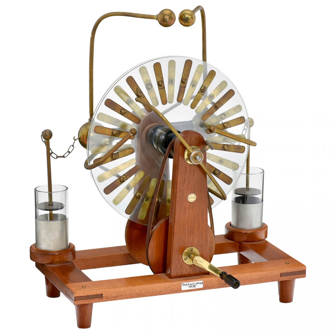 Wimshurst's Electrostatic Machine, c. 1920: Wimshurst's Electrostatic Machine, c. 1920 Marked: "Philip Harris & Co. Ltd., Birmingham, England", a pair of contra-rotating discs with strips of tin foil on the rims (Ø 12 ¼ in.), 2 Leyden jars, h