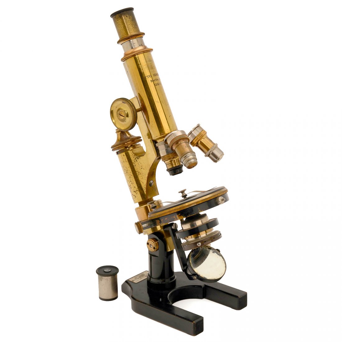 Berlin Brass Microscope by "Otto Himmler", c. 1890: Berlin Brass Microscope by "Otto Himmler", c. 1890 Lacquered brass, black japanned cast-iron horse-shoe foot, coarse and fine tube focusing, triple nose-piece, height-adjustable condenser with iris di