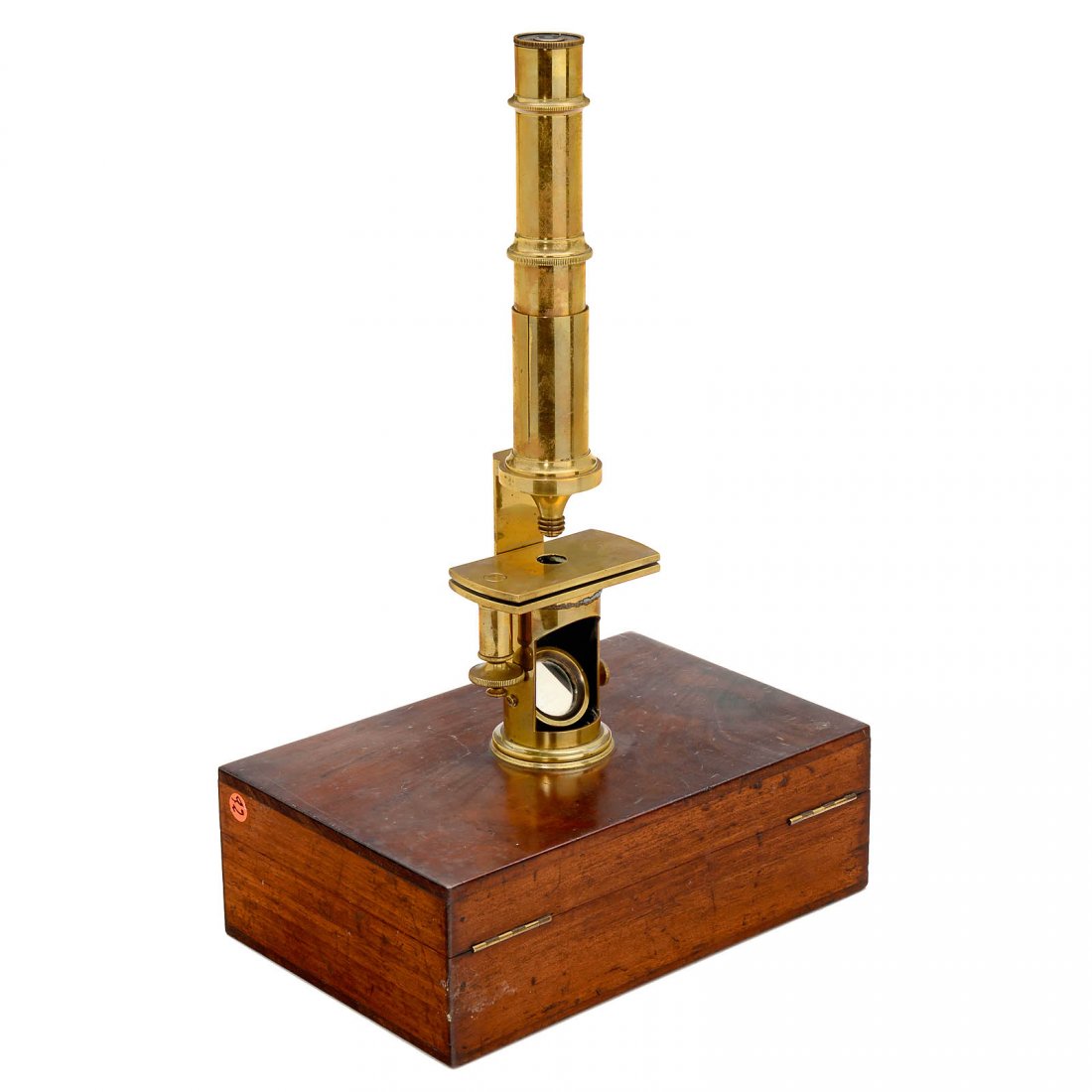 Tall Drum Microscope, c. 1860: Tall Drum Microscope, c. 1860 Probably by "Georg Oberhäuser" (Georges Oberhauser, Paris, France), for screwing onto the fitted mahogany box base, polished brass, draw tube coarse adjustment, stage wi