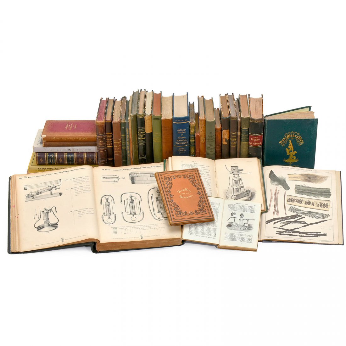 Large Collection of Microscope Specialist Books, 1857: Large Collection of Microscope Specialist Books, 1857 onwards Jabez Hogg, "The Microscope", London 1859; Dr. Heinrich Frei, "Das Mikroskop", Leipzig 1873; Dr. Giulio Bizzozero, "Handbuch der klinische