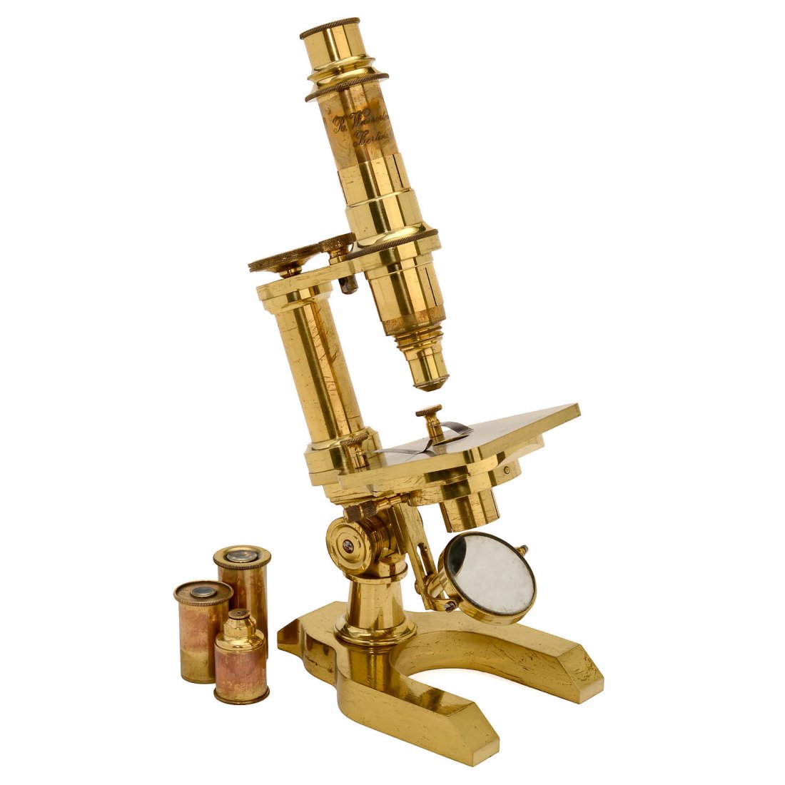 German Compound Microscope by Wasserlein, c. 1875: German Compound Microscope by Wasserlein, c. 1875 Signed on the tube: "R. Wasserlein, Berlin", polished brass, tilting stand, draw-tube coarse adjustment, micrometer fine adjustment, rotating stage an