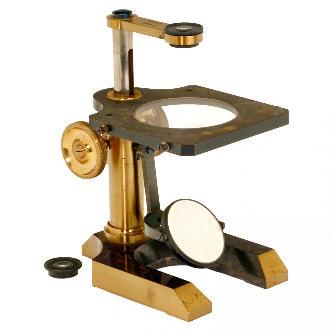 Winkel Dissecting Microscope: Winkel Dissecting Microscope Signed on the arm: "F. Winkel, Göttingen", original lacquered brass, horseshoe base, double-mirror, tubular pillar containing rack-and-pinion adjustment, stage with 2 ins