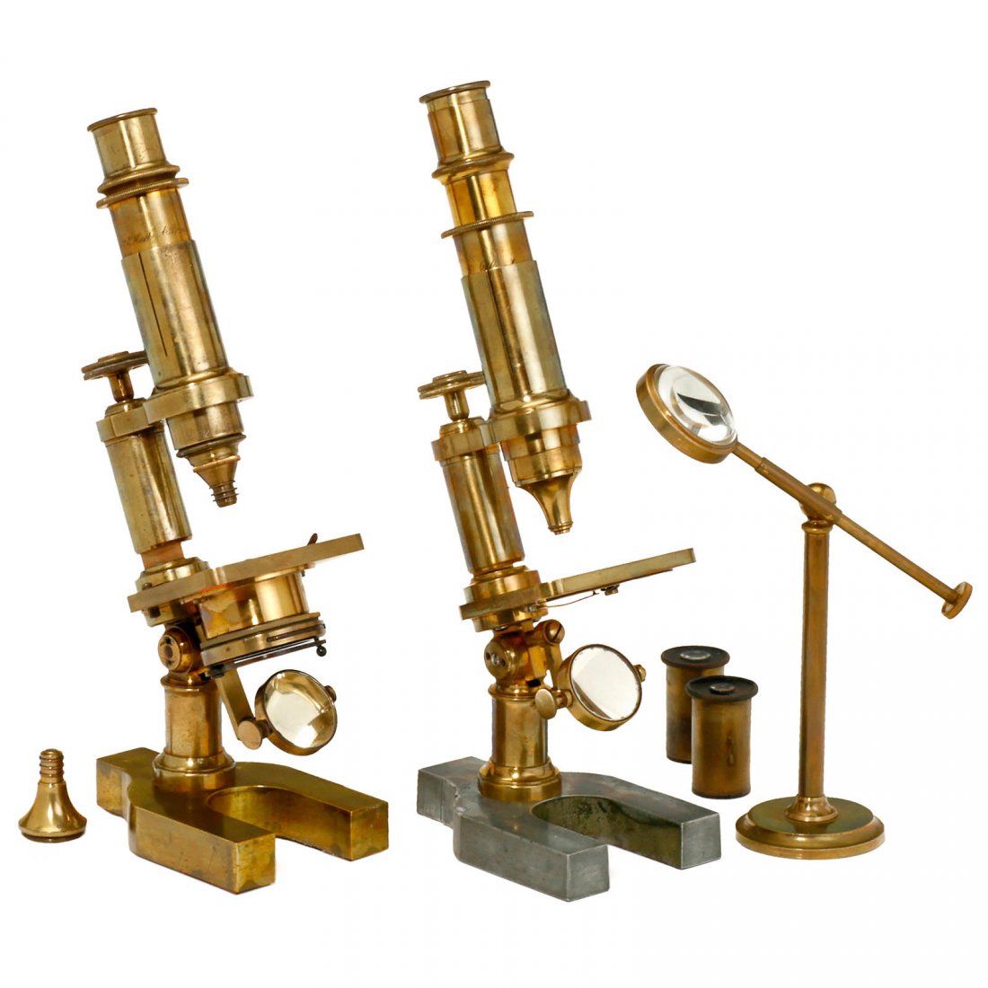 2 French Brass Compound Microscopes, c. 1880: 2 French Brass Compound Microscopes, c. 1880 1) Signed: "E. Hartnack & Cie. Place Dauphine 21, Paris", no. 12910, with condenser. – And: 2) Signed: "Mon. E. Hartnack & A. Prazmowski sucr. Rue Bonapa