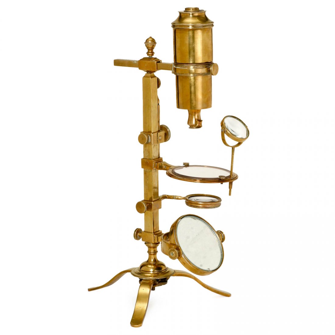 Early Brass Compound Microscope, c. 1800: Early Brass Compound Microscope, c. 1800 Made to the pattern of Louis Dellebarre, unmarked, probably by J. van Deijl of Amsterdam", whose paper label is found with the accessories. Polished brass, squ