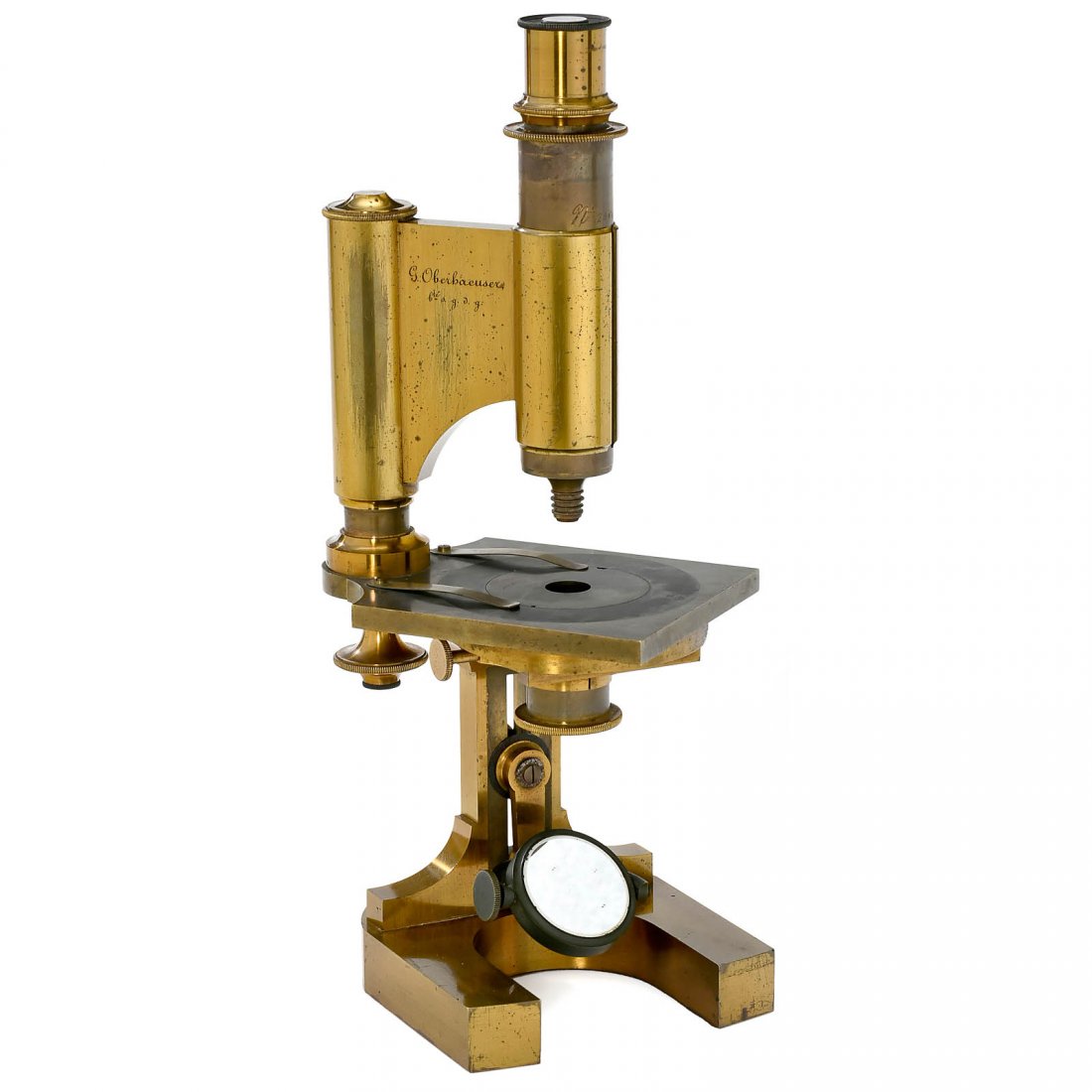 French Compound Microscope by Oberhaeuser, c. 1850: French Compound Microscope by Oberhaeuser, c. 1850 Signed on both sides of the tubus support: "G. Oberhaeuser, Place Dauphine 19, Paris". Original lacquered brass, draw tube, screw head fine adjustmen