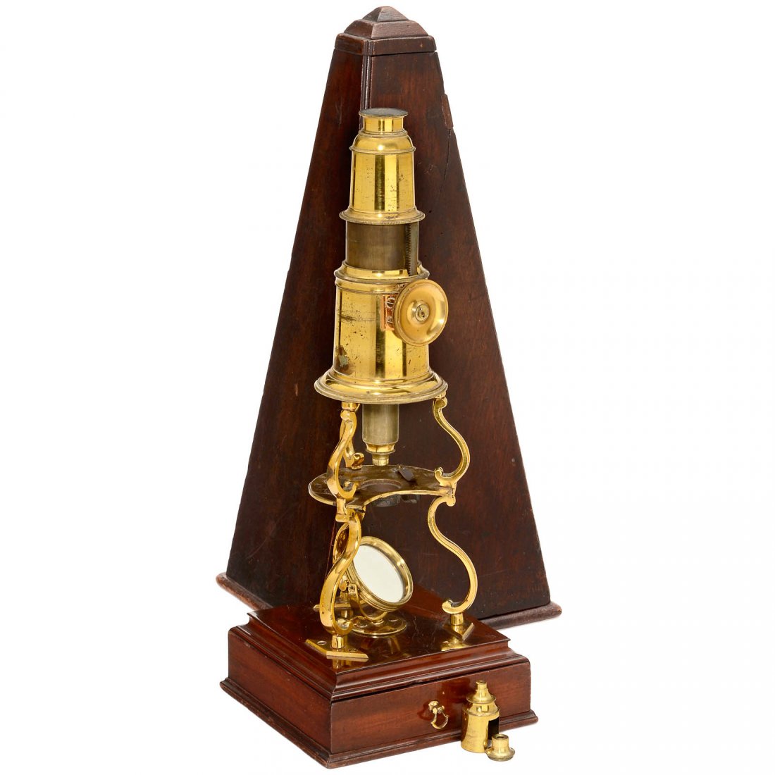 Culpeper-Type Compound Microscope, c. 1790: Culpeper-Type Compound Microscope, c. 1790 Signed on the stage: "Franks Manchester", lacquered brass, 3 scrolled legs, separately-mounted concave mirror, rack-and-pinion coarse focusing on the tube, 1