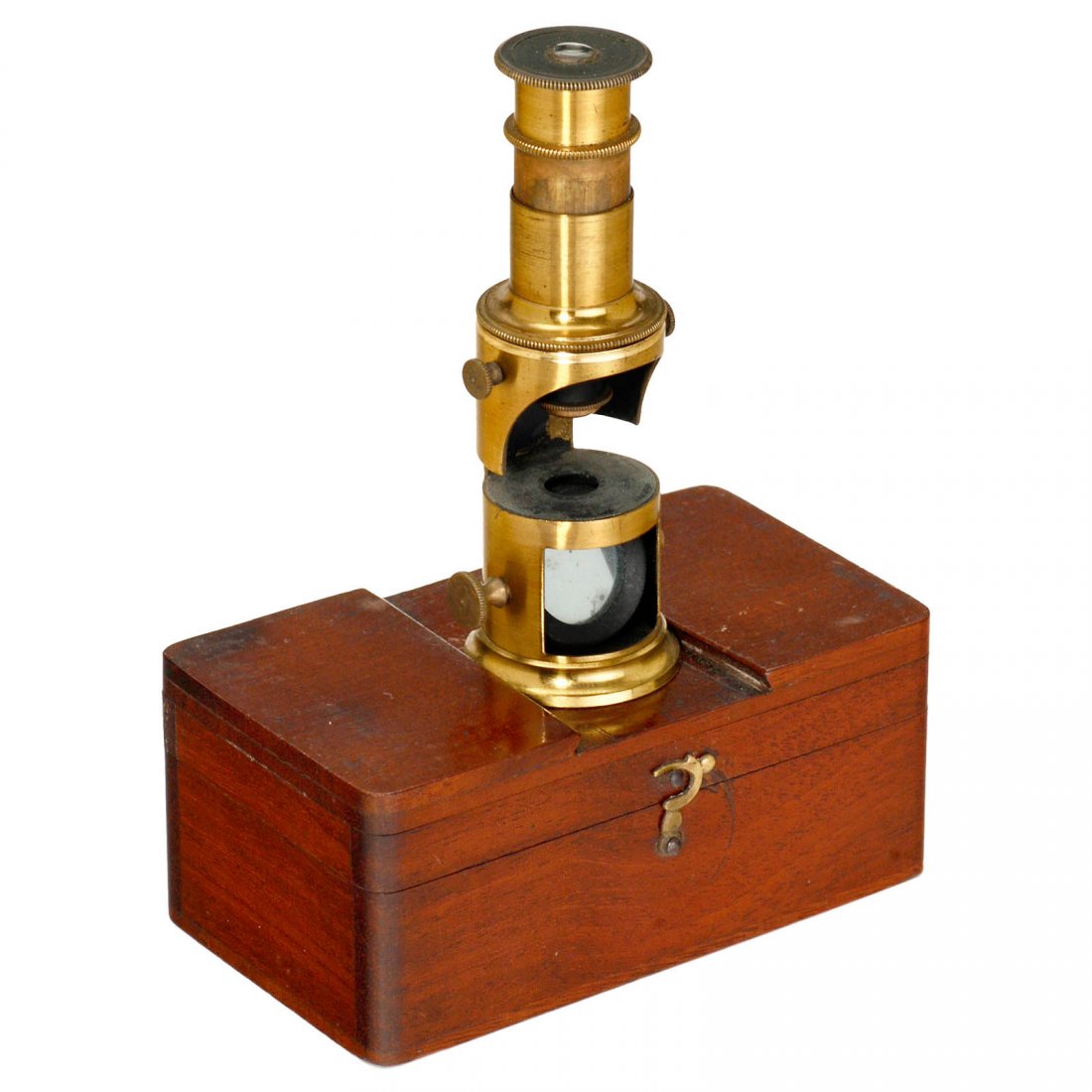 Miniature Drum Microscope, c. 1850: Miniature Drum Microscope, c. 1850 Unmarked, attributed to Bertrand, Paris, original lacquered brass, 1-in. diameter base, single mirror on milled-head pivot, draw tube, 1 objective, 1 ocular, height 