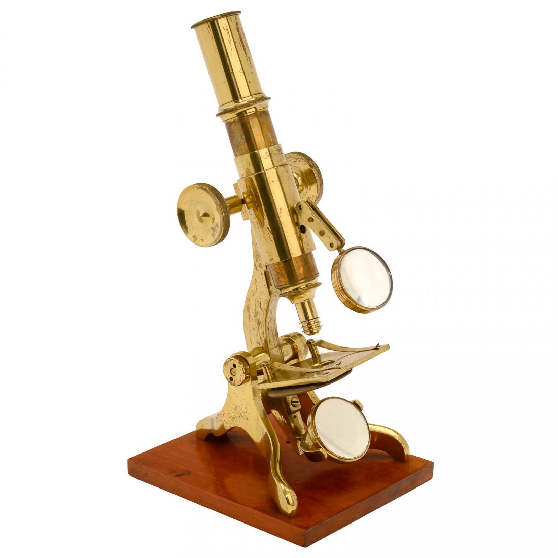 English Compound Monocular Microscope, c. 1870: English Compound Monocular Microscope, c. 1870 Unmarked, polished brass, tilting stand, rack-and-pinion adjustment, pinhole, bull's-eye condenser, 1 objective, 1 eyepiece, mounted with screws on mahog