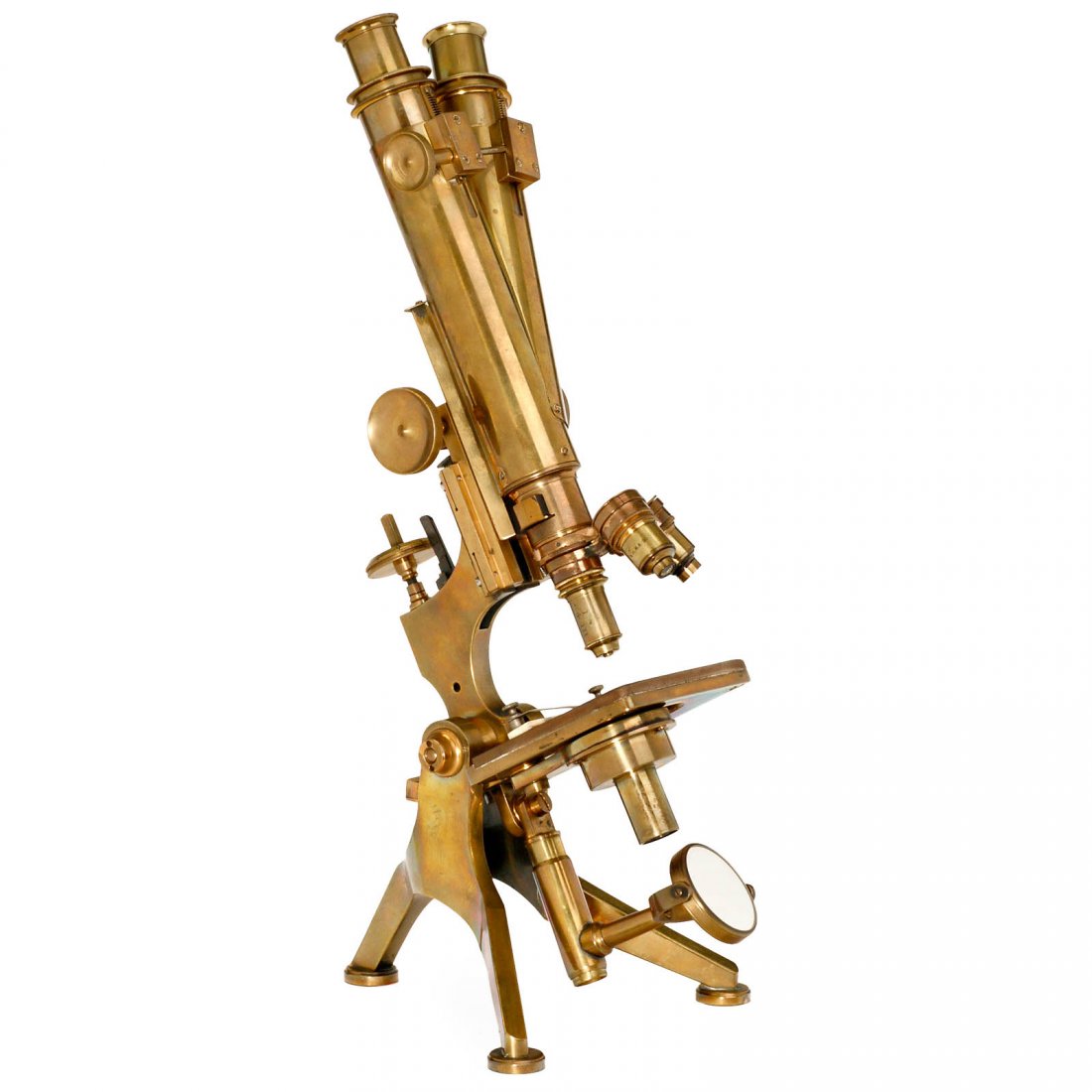 Large Watson Binocular Microscope, c. 1875: Large Watson Binocular Microscope, c. 1875 Signed on the foot: "W. Watson & Sons Ltd., 313 High Holborn, London", no. 12806, patinated brass, double-mirror, 2 x coarse and 1 x fine adjustment, triple 