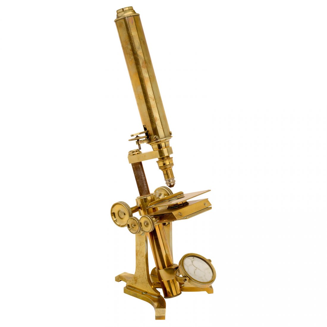 English Brass Microscope by Newton, c. 1870: English Brass Microscope by Newton, c. 1870 Signed on the base: "W.E. & F. Newton, 3, Fleet St., London", patinated brass, rack-and-pinion coarse adjustment, milled screw on the tube for fine adjustme