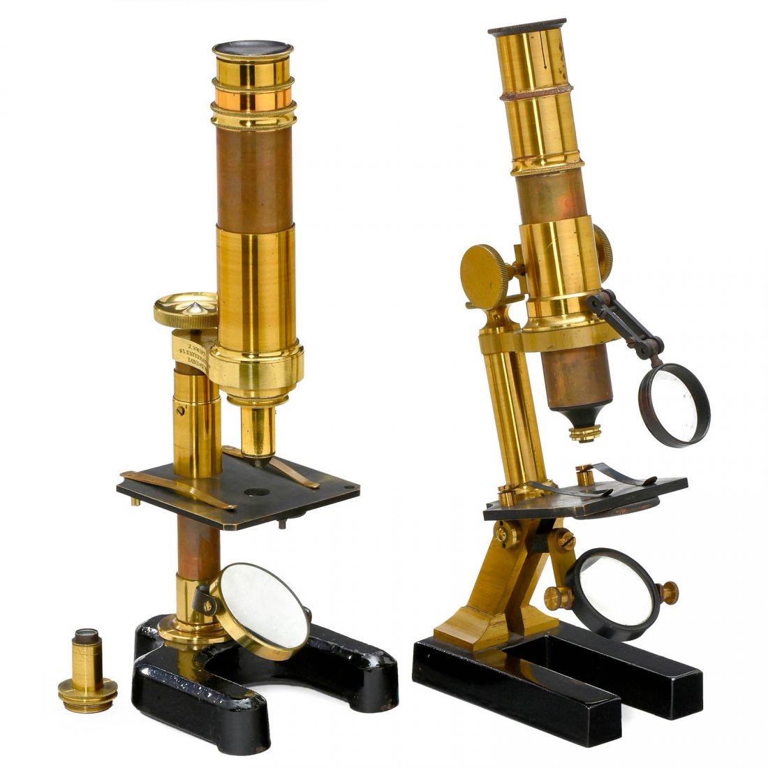 2 English Brass Compound Microscope, c. 1875: 2 English Brass Compound Microscope, c. 1875 With japanned iron feet and original lacquered brass. 1) Signed on the limb: "J. Swift, 43 University St., London WC", draw tube, micrometer screw fine adj